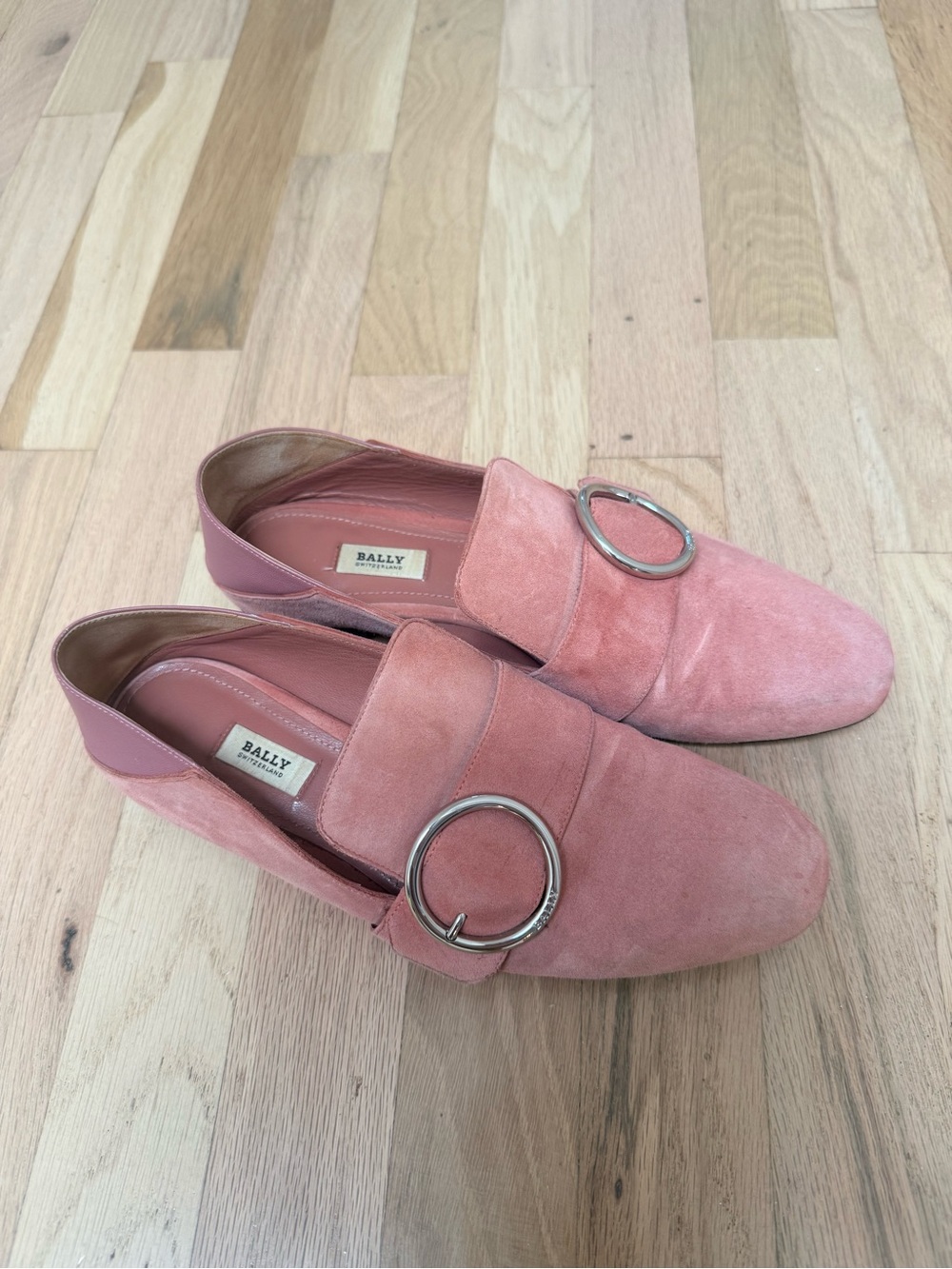 Bally Rose-Pink Suede Loafers with Silver Ring Accent
